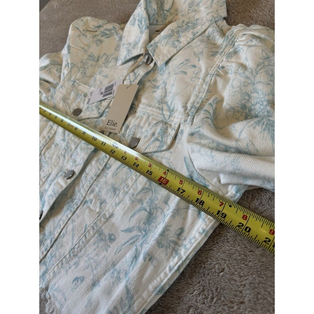 ELIE TAHARI Floral Denim Jacket Cropped Raw Hem White Blue Size M Cotton - Picture 13 of 16